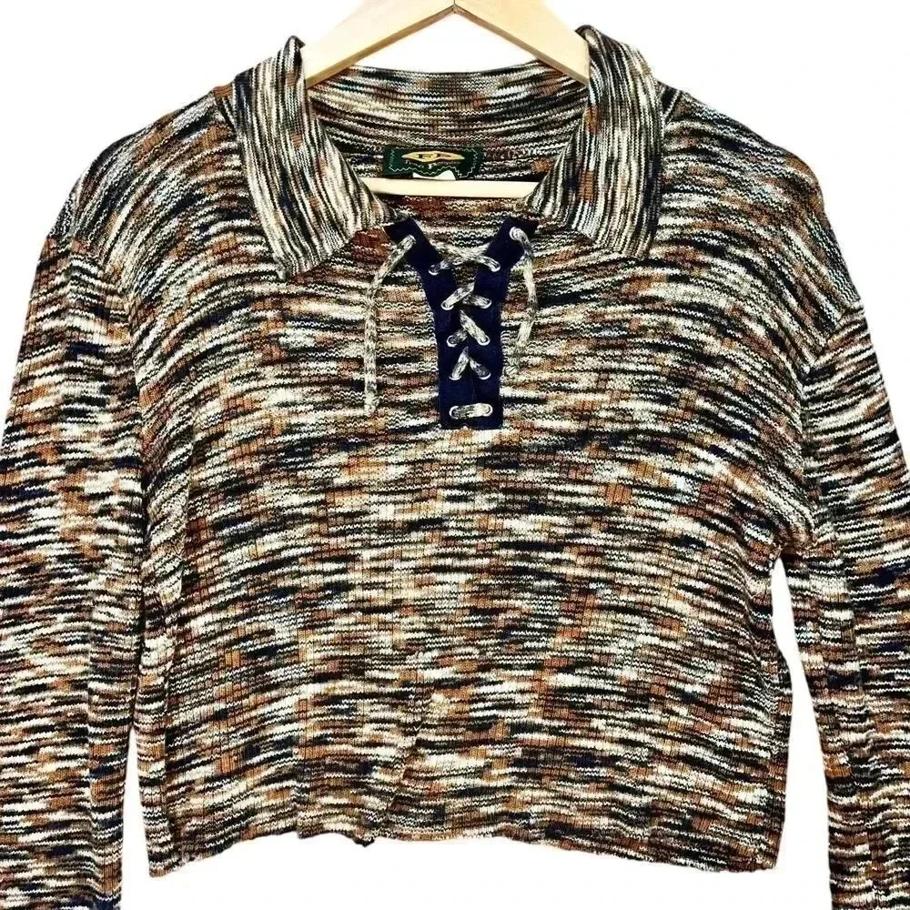 Free People Womens Multicolor Cotton Striped Long Sleeve Collared Crop Sweater M